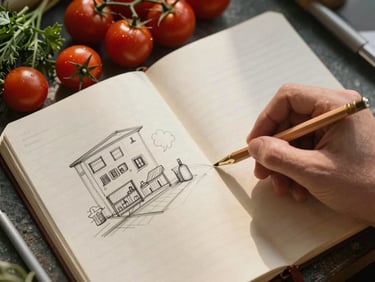 Extreme close-up overhead view of a worn notebook open on a market stall table, a hand sketching a content layout in pencil, loose cherry tomatoes and a small bunch of herbs resting at the edge of the frame, warm tungsten kitchen light raking across the paper