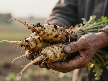 Close-up of a farmer's weathered hands cradling a bundle of root vegetables with soil still clinging to them, early morning natural daylight from the left, shallow depth of field, earthy texture prominent
