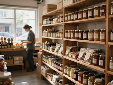 Wide environmental shot inside a small independent food market, wooden shelves of jarred and packaged goods in natural window light, a market owner partially visible in the background reviewing stock, no posed smiles, mid-task