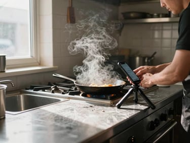 Candid wide shot inside a working restaurant kitchen, a person adjusting a phone on a small tripod pointed at a cast-iron pan mid-cook, natural daylight from a side window cutting across the counter, steam visible, no one looking at camera