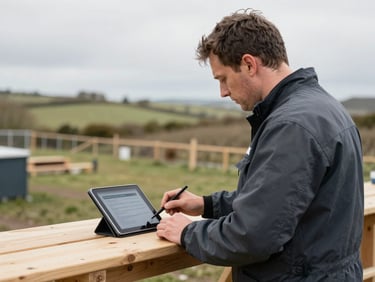 Medium shot of a local Welsh tradesperson working on a site with a tablet showing lead capture forms nearby, overcast natural daylight