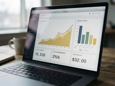 Close-up of a local business dashboard on a laptop screen, natural overcast daylight reflecting off the glass, sharp 35mm focus on lead metrics.