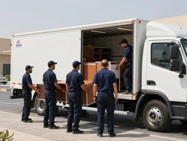 Wide environmental shot of a uniformed crew loading office desks into a clean, branded truck in Dubai, bright daylight, sharp shadows
