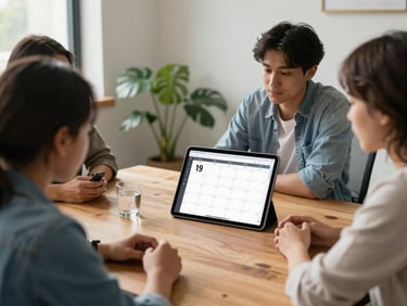 Medium environmental shot of a collaborative planning session in a cozy office corner with natural light, a tablet displaying content calendars on a wooden table.