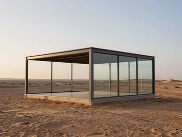 Wide landscape shot of a minimalist steel and glass pavilion nestled in a desert landscape at golden hour, soft natural light.
