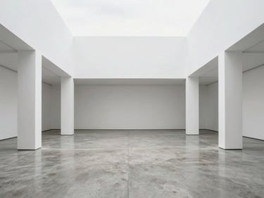 Symmetrical interior elevation of a spacious white gallery with clean lines, polished concrete floor, and soft overcast daylight.