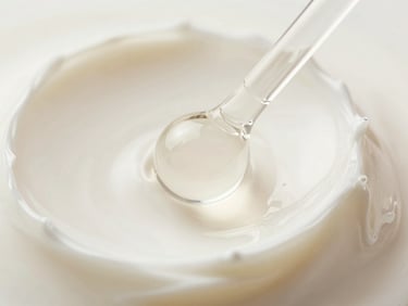 Macro close-up of pure hyaluronic acid emulsion showing molecular viscosity, clinical daylight, soft cream background.