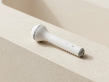 A sleek, minimalist microcurrent health device resting on a clean, architectural cream stone surface, soft diffused daylight