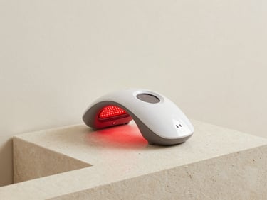 A high-end red light therapy device resting on a minimalist stone vanity, diffused clinical lighting.