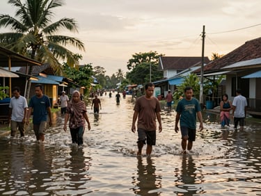 Environmental wide shot of a flooded kampung street in East Java at golden hour, residents wading through ankle-deep water, warm low light reflecting on the water surface