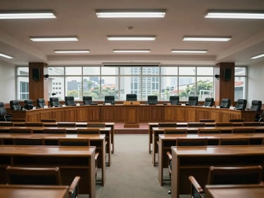 Wide shot of a city council hall in Jakarta, rows of empty wooden chairs under fluorescent light, a single lectern at the front, overcast daylight through high windows
