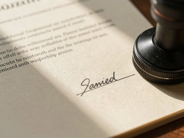 Extreme close-up of a government document stamped and signed, natural window light casting sharp shadows across printed text on yellowed paper