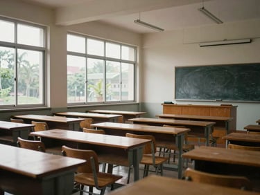 Wide environmental shot of an empty university lecture hall in Bandung, rows of wooden desks under overcast natural light through tall windows, chalk dust visible in the air near the blackboard