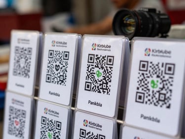 Close-up of a market stall displaying rows of digital payment QR codes on laminated cards, natural daylight, shallow depth of field, Jakarta street market background blurred
