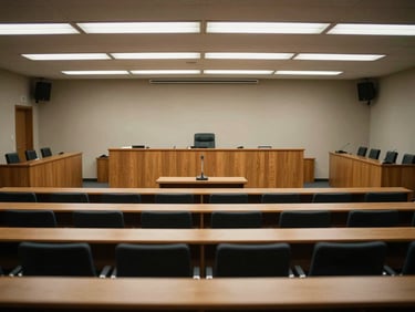 Empty city council chamber photographed wide from the back row, rows of vacant chairs under harsh fluorescent light, a single microphone stand at the podium