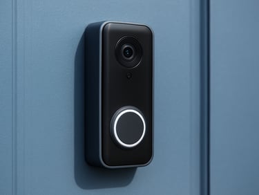 Close-up of a sleek smart doorbell with integrated camera, mounted on a modern grey door, bright daylight, cool blue tones, sharp focus.