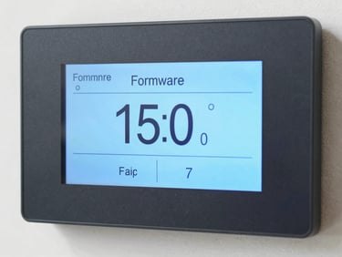 Macro shot of a smart alarm panel's display showing a firmware version number, technical aesthetic, bright studio lighting, sharp focus.