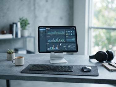 A clean, modern desk setup in bright daylight, showing a tablet with a security dashboard interface, cool slate gray background, 35mm lens