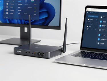 Clean desktop setup with a laptop showing a network security interface, a discrete router, bright daylight, cool blue and slate gray tones, sharp focus.