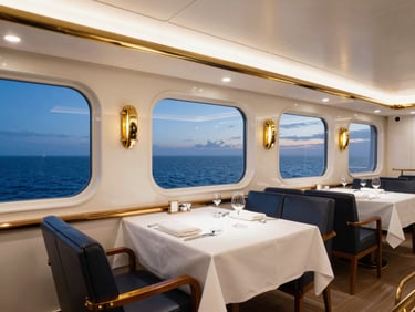 Luxury cruise ship dining room at dusk, warm ambient lighting reflecting on polished brass accents, ocean view through large portholes