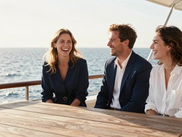 Candid portrait of guests laughing on a teak deck, warm golden hour backlighting, ocean spray softly out of focus