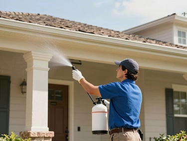 Pest control technician applying a perimeter treatment around a residential home, focusing on eaves and entry points, bright natural Texas daylight.