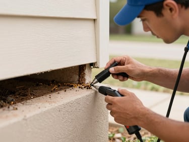 Close-up of a pest control technician inspecting a home's foundation for termites, using safe application equipment, warm Texas daylight.