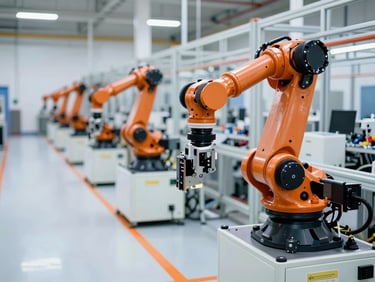 Crisp industrial photography of high-tech manufacturing facility, bright cool daylight, robotic assembly arms, orange safety lines, 35mm lens
