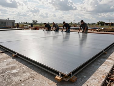 Wide shot of AAC floor slab panels laid flat on a construction site under overcast sky, crew visible from behind aligning panels, no faces, site context clear