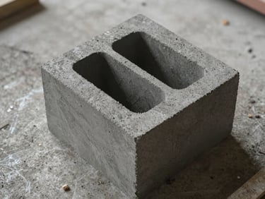 Close-up overhead of an AAC partition block on active job-site floor, block geometry sharp, natural overcast daylight, no text