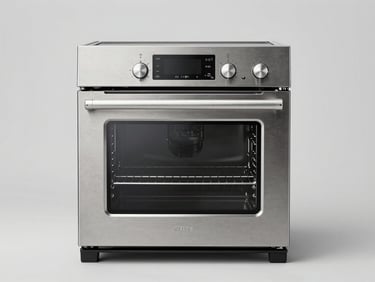 Front-on product photography of a clean, graded stainless steel oven against a neutral light grey background, bright studio lighting