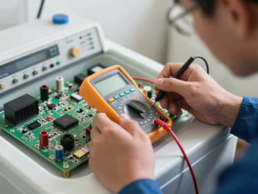 Close-up of a technician using a digital multimeter on a washing machine control board, bright natural workshop lighting, tight framing
