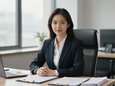 Editorial portrait of a professional legal advisor sitting at a clean desk with organized documents, soft natural window light, muted corporate tones, shallow depth of field