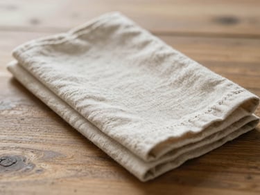 Close-up of textured beige linen napkins folded on a rustic wooden table, soft morning side light