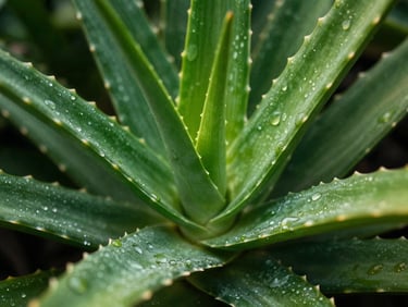 Close-up of a vibrant, thick Aloe leaf with dew drops, showing rich green color and texture, premium editorial photography, crisp morning mountain light, deep forest green tones, 35mm