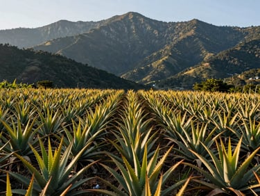 Wide shot of Aloe plants in neat rows under the Georgian mountains, crisp daylight, premium editorial photography, deep forest green and gold tones, 35mm
