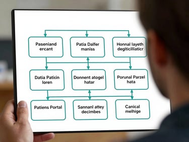 A clean vector schematic showing data flow blocks connecting a patient portal to an internal clinical database, structured grid layout, crisp teal lines.