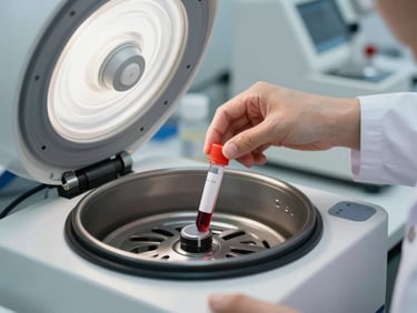 Lab technician placing a blood sample tube into a centrifuge, bright overhead clinical lighting, close-up framing showing precise hands and organized equipment