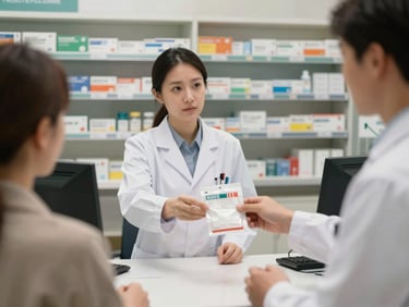 Medium shot of a pharmacist handing a labeled prescription bag across a clean pharmacy counter to a patient, warm white clinical lighting, organized medication shelves visible in background, calm and efficient atmosphere