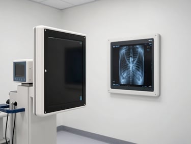 X-ray imaging room with a digital radiography panel mounted on the wall, clean organized space, bright natural-white lighting, no patient present, equipment framed matter-of-factly