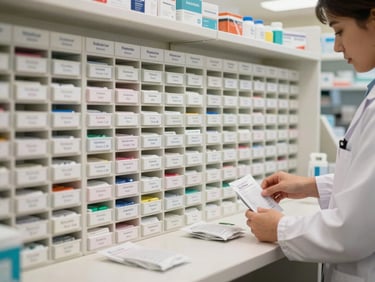 Wide shot of a well-organized pharmacy dispensing counter, labeled medication drawers in disciplined rows, a pharmacist's hands arranging prescription bags, warm white clinical lighting