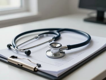 Close-up of a general practitioner's desk in a clean consultation room, stethoscope resting on a clipboard of patient notes, bright natural light from a side window, organized and professional