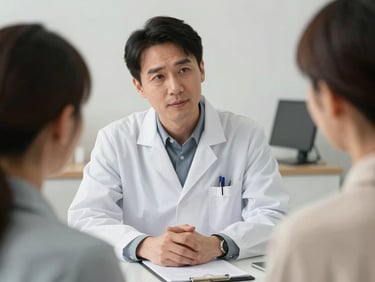 Close-up of a doctor attentively listening to a patient across a consultation desk, warm white clinical lighting, mid-shot showing trust and focus, notepad visible on the desk