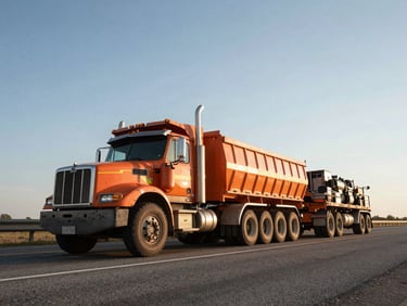 Low-angle heroic perspective of a DIVERSIFIED RESOURCES INC heavy haul truck loaded with equipment driving down a highway at golden hour, high contrast, wide-angle lens