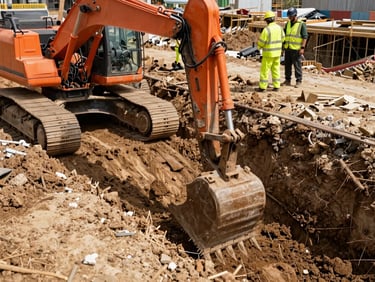 Excavator digging a trench for utility lines on a construction site, team member in high-visibility gear supervising, bright natural daylight, safety-orange accents, rugged industrial photography.