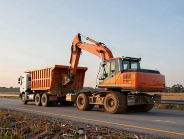 A low-angle shot of a heavy transport truck loaded with a large excavator on a rural Georgia highway, early morning golden hour