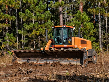 A heavy forestry mulcher clearing dense brush and pine trees in South Georgia, high contrast daylight, rugged industrial photography