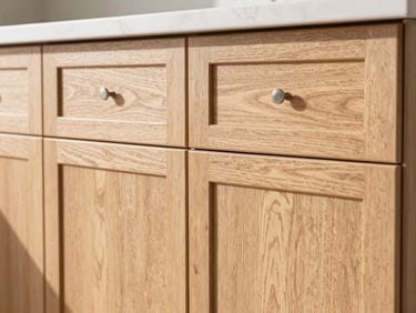 Close-up architectural photography of newly installed kitchen cabinets, perfect reveals, clean oak wood grain, bright natural daylight, 35mm lens