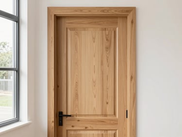 Architectural photography of a newly installed solid oak interior door, clean casing, bright daylight streaming through trimmed window, 35mm lens
