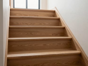 Elegant wooden staircase with detailed trim work, showing clean lines and smooth finishes, bright natural daylight streaming through a window.